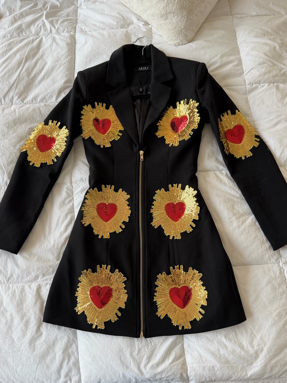 AKIRA Black Mini Dress with Gold & Red Heart Embellishments - Picture 3 of 4